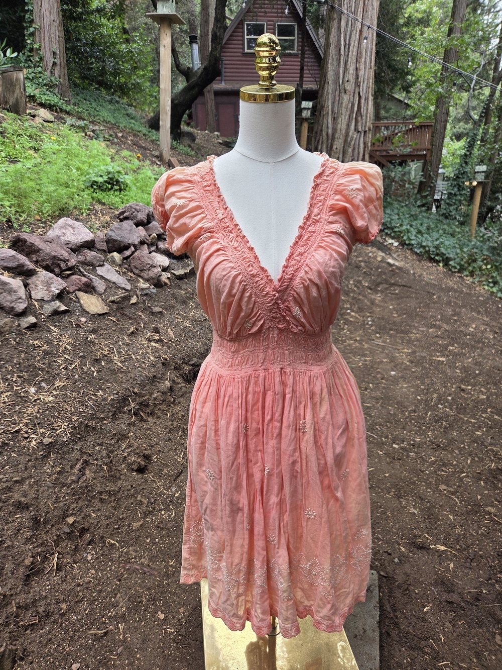 Karma Highway Bohemian Coral Pink V-Neck Smocked Waist Women's Dress